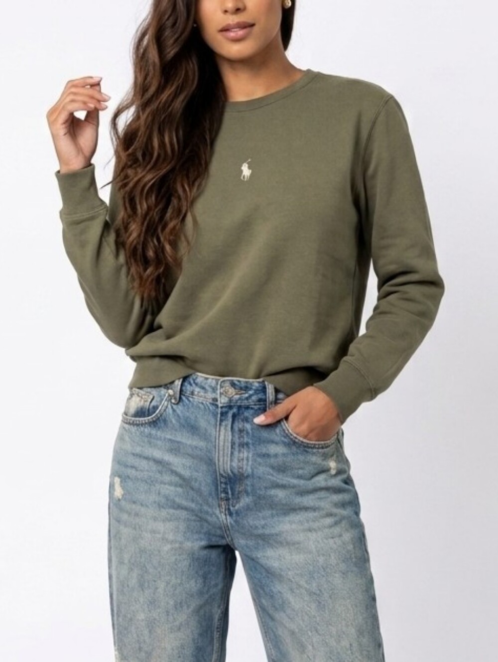 Vintage Polo Ralph Lauren Embroidered Logo Crewneck Pullover In Olive Green - S